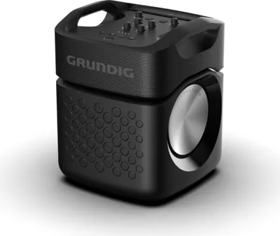 A black portable speaker with silver accents, shown from a slightly elevated front-left angle on a white background.