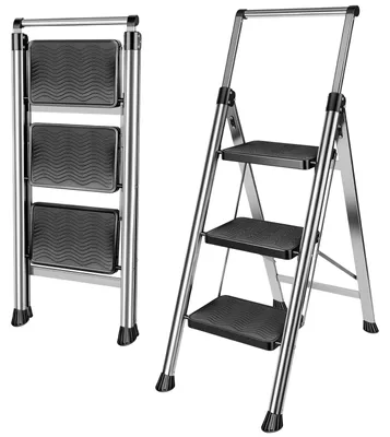Immagine prodotto di Scaletta pieghevole - 3 gradini - Leggera - Gradini antiscivolo - Autoportante - Capacità massima di carico: 150 kg - Colore: nero