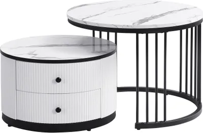 Produktbild von MODFU Couchtisch Wohnzimmertisch 2er Set für Wohnzimmer, Schlafzimmer Balkon, Beistelltisch Satztisch rund mit 2 Schubladen, Schwarz
