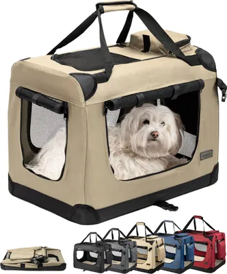 Image de lionto Caisse de transport pour chiens pliable, caisse en tissu solide avec inserts en maille, idéale pour la voiture, les voyages & le vétérinaire, 60x42x44 cm, beige