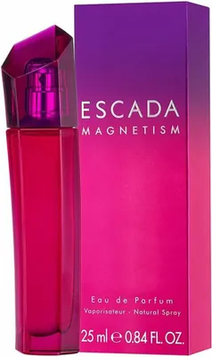 A bottle of Escada Magnetism perfume and its packaging are shown against a white background.