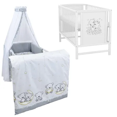 Produktbild von Baby-Delux Babybett Gitterbett Mia weiß 120×60 inkl. Matratze Bettwäsche Set 10tlg Teddy Mond Grau Waffelpique
