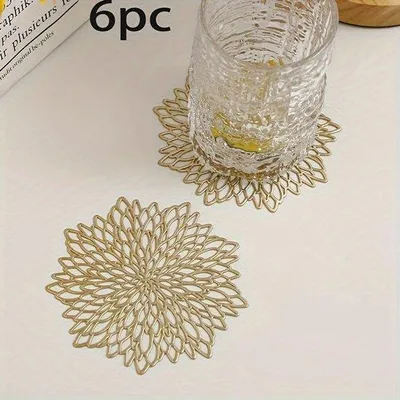 Produktbild von Set aus 6 PVC Küchenunterteller, für Innen- und Außenbereich, wischbar, hitzefest, abwaschbar, Tischunterteller, für Hochzeiten, Camping, Festivals, Kaffeeteller (Gold)