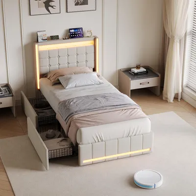 Image de Lit simple UnboxG 90x200 cm avec éclairage LED, fonction de charge USB et 2 tiroirs de rangement, tissu en lin, couleur beige