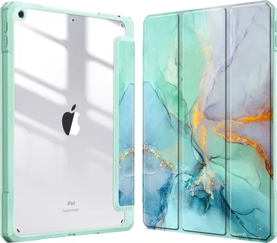 Produktbild von Fintie Hybrid Hülle für 10.2 Zoll iPad 9. Generation 2021/8. Gen 2020/7. Gen 2019 mit Stifthalter - Stoßfeste Schutzhülle mit transparenter Hartschale auf der Rückseite, SmaragdMarmor