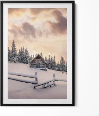 Produktbild von Landschaft einer Berghütte im Winter und bei Sonnenuntergang– Wandbild mit Rahmen – Gerahmtes Bild  – Wanddekoration – 70x100 cm –  Schwarz Rahmen