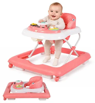 Image de Bebies First : Marcheur d'apprentissage pour bébé, rose – Marcheur pliable pour bébé avec plateau de jeu amovible, intégrant musique et lumière, réglable en 3 hauteurs, pour les enfants de 6 à 18 mois