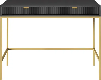 A black desk with gold legs and gold drawer pulls, shown from the front against a white background.