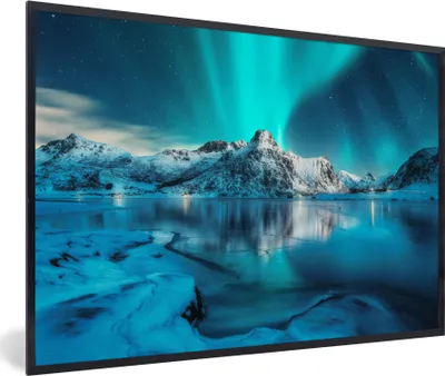 Produktbild von MuchoWow® Gerahmtes Poster Nordlicht - Eis - Schnee - Norwegen - Blau - Berge 30x20 cm - Poster mit Schwarzem Bilderrahmen Wandposter Rahmen Foto Bilder - Kunstdruck - Bild-Poster