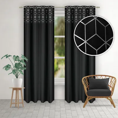 Produktbild von Exklusiver Vorhang Fertiggardine Gardine mit Ösen und mit Silberdekor 145x250 cm - Schwarz