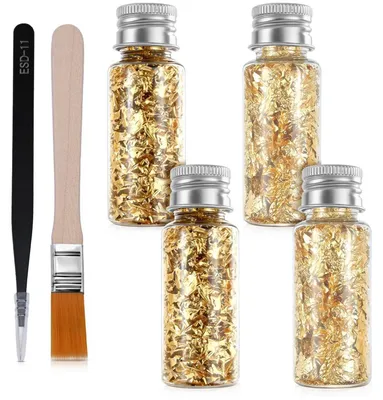 Immagine prodotto di Scaglie di foglia d'oro, confezione da 4 flaconi, con pinzetta e pennello per decorazioni e lavori manuali
