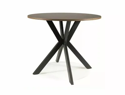 A round dining table with a dark wood top and a black, star-shaped base, photographed against a white background.
