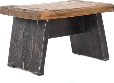 A wooden stool with a dark base and a natural wood top, shown against a white background.