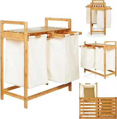 Produktbild von AD.CON Wäschekorb aus Bambus mit Zwei Wäschesack Badezimmerregal Badregal Wäschesortierer Bambusregal Wäschebox für Bad und Waschküche 63,5x33x74cm Beige