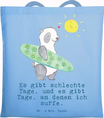 Produktbild von Mr. & Mrs. Panda Einkaufstasche Panda Surfen - Sky Blue - Geschenk, canvas tasche, Wellenreiten, Uni, dokumententasche, Surfschule, Schultasche, Laptoptasche, Shopping