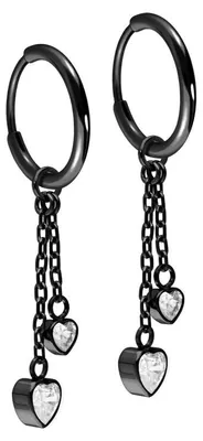 Produktbild von Titan Ohrclicker Creolen 2 KRISTALLHERZEN Schwarz Innendurchmesser: 10mm + Designstärke: 1,2mm