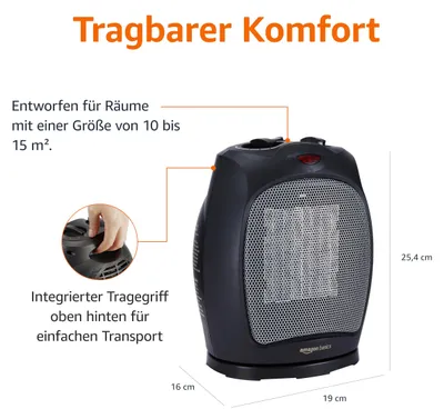 Immagine prodotto di Amazon Basics - Riscaldatore oscillante per pavimenti in Vetroceramica, 1500 W, con termostato regolabile - Nero