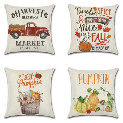 Productafbeelding van Set van 4 kussenhoezen, 45 x 45 cm, herfstthema, polyester, linnenlook, decoratieve kussenhoezen