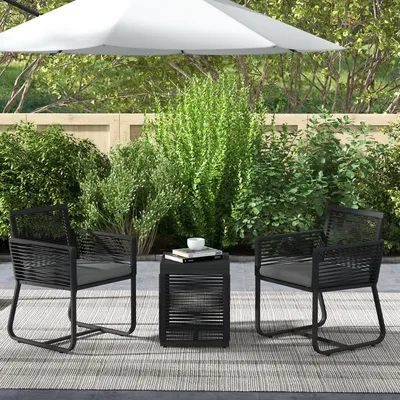 Produktbild von Balkon-Set 3-teilig PE-Rattan, Bistro-Set Terrasse, Sitzgruppe Gartenmöbel, Schwarz-Grau | 57x53x77 cm | Hartglas-Tisch | Kissen abnehmbar