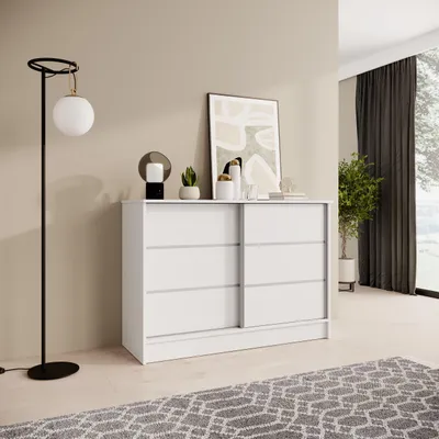 Image de BEAUTYSOFA | Commode MIRELA 120 cm blanche, buffet à 2 portes coulissantes, design moderne, grand espace de rangement