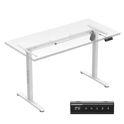 A white adjustable standing desk frame with a black control panel shown separately.