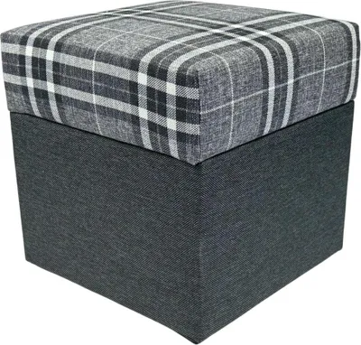 Produktbild von LOBOX Hocker 40x40 cm quadratisch mit Stauraum – aufklappbarer Sitzhocker aus zweifarbigem Flechtstoff im Karomuster – Hellgrau