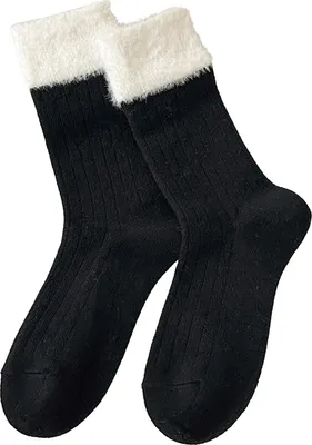 Produktbild von Damen-Stiefelsocken in Color-Block-Optik, dick, warm, lässig, mit flauschigen Bündchen, Wintersocken für Alltag, Sport und Zuhause