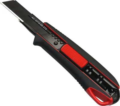 A close-up, angled view of a black and red utility knife against a white background.