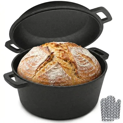 Image de Casserole en fonte émaillée, idéale pour le pain, capacité de 4,7 litres, forme ronde, avec couvercle et gants de protection. Convient aux plaques à induction et aux fours