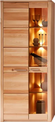 A wooden cabinet with glass doors and interior lighting, displaying decorative items.