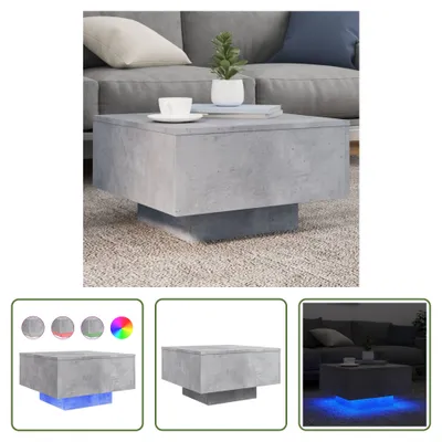 A collage of images showing a concrete-effect coffee table with LED lighting.