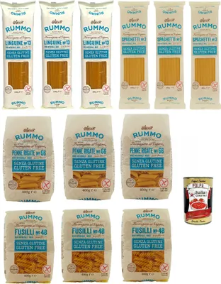 Produktbild von Rummo Pasta Nudeln Glutenfreie Testpaket, Bronze Gezeichnete gluteinfrei, perfekt für Menschen mit Zöliakie oder Glutenunverträglichkeit, 12x 400 g + Italian Gourmet polpa 400g