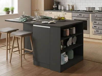 Produktbild von Kücheninsel Dcannaval, 2-türiger Küchenschrank, zusätzlicher Ablagetisch, 100 %  Italy, 160 x 90 x 90 cm, Anthrazit und Schiefer