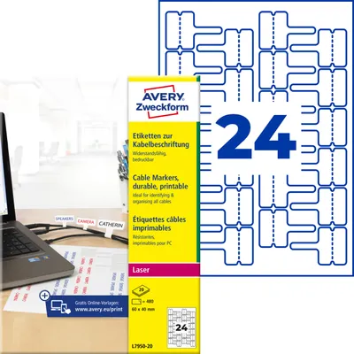 Produktbild von Avery Zweckform L7950-20, Etiketten zur Kabelbeschriftung, A4, 60 x 40 mm, 480 Etiketten / 20 Bögen, weiß