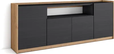 Image de Buffet salon et cuisine, Meuble de Rangement, Commode, 207x37x80cm, 4 Portes, Meuble chaussure, Noir et chêne