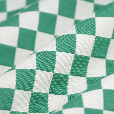 Productafbeelding van Groen-wit jacquard ruitdessin stof, 140 cm breed, gecertificeerd met
