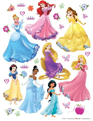 Zdjęcie produktu dla Naklejka ścienna Disney Księżniczki Niebieska, Żółta, Fioletowa i Różowa - 600106 - 65 x 85 cm