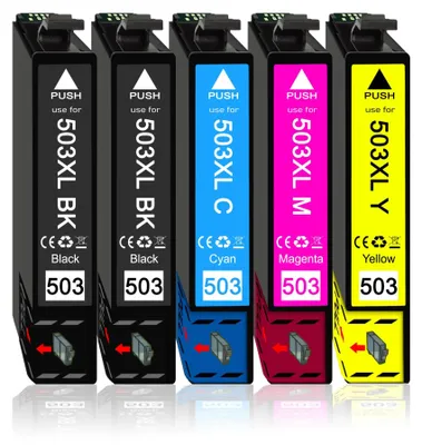 A set of five printer ink cartridges lined up against a white background.