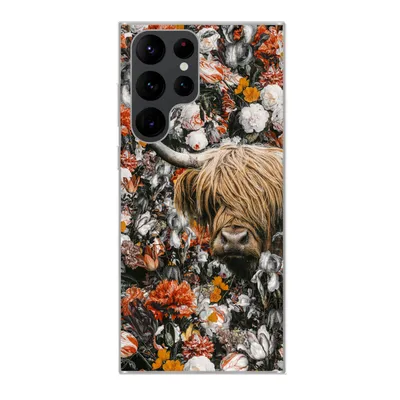 Produktbild von MuchoWow® Handyhülle Schutzhülle Hülle für Samsung Galaxy S22 Ultra Schottischer Highlander - Blumen - Orange Silikon Softcase Handy Hülle - Abbildung