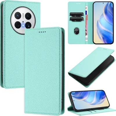 Produktbild von Litchi Leder Handyhülle für Huawei Mate 70 Wallet Kartenfächer Standfunktion Hülle Türkis