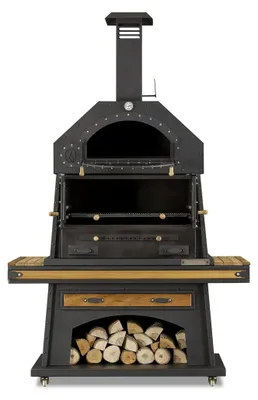 Produktbild von Eleganter schwarzer Grillkamin aus Holz und Edelstahl