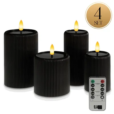 Immagine prodotto di Set di 4 candele a LED Meisterhome® - Candele a LED - Candele senza fiamma con telecomando e timer - Funzionamento a batteria - Luce bianca calda - Ø 7,5/10 cm, altezza 10/15 cm - Design a increspatura - Fiamma tremolante realistica, colore:Nero