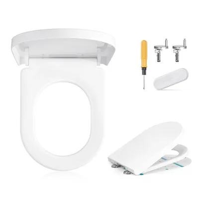 Obrázek produktu pro SONGMICS WC sedátko dlouhé D-tvar, automatické sklápění, víko toalety, madlo, PP plast, snadná montáž, do 300 kg, bílé