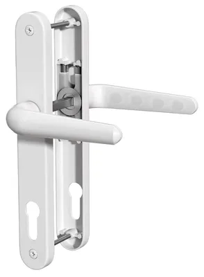 Image de Poignée de porte en PVC, de couleur blanche, diamètre de rosace de 92 mm, entraxe des vis de 210 mm, plaque de fixation arrière de 243 mm, système de ressort de haute qualité