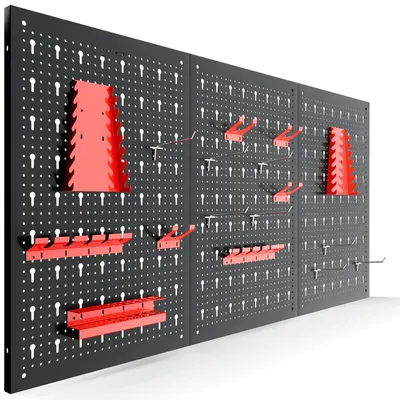 Produktbild von AREBOS Werkzeugwand Metall 3-teilig 117,6x59,5 cm mit 17-teiligem Hakenset & Halterungen für Werkstatt | Rot inkl. Montagematerial