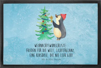 Produktbild von Mr. & Mrs. Panda Fussmatte Pinguin Weihnachtsbaum 50 x 75 cm - Eisblau - Geschenk, fußmatte, bodenmatte, Winter, Weihnachten, Schmutzmatte, Fußabtreter, Gummimatte