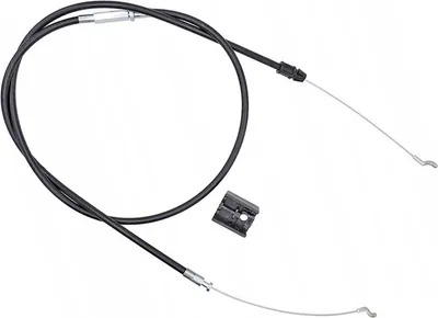 A black cable with silver metal ends and a small black plastic clip are laid out on a white background.