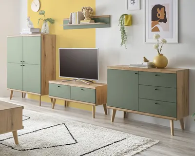 Produktbild von Wohnwand "Juna" in Salbei und Eiche Wohnkombination skandinavisch 4-teilig 341 cm