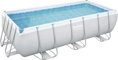 A rectangular above-ground swimming pool filled with water, supported by a metal frame.