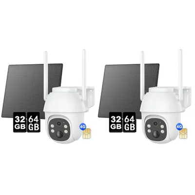 Produktbild von 2PCS 4G LTE Überwachungskamera Aussen Solar mit SIM Karte-2K HD 3MP PTZ Kabellos Kamera Ohne WLAN Outdoor Akku, 355°/90° Schwenkbar 32&64GB